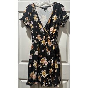 Derek Heart Women's L Wrap Scoop V Neck Dress Black W/Multi Floral Cottagecore